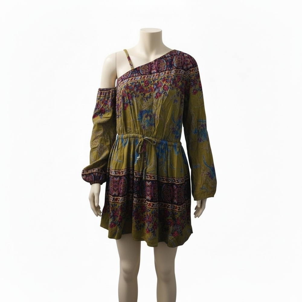 Free People Olive One-Shoulder Floral Mini Dress